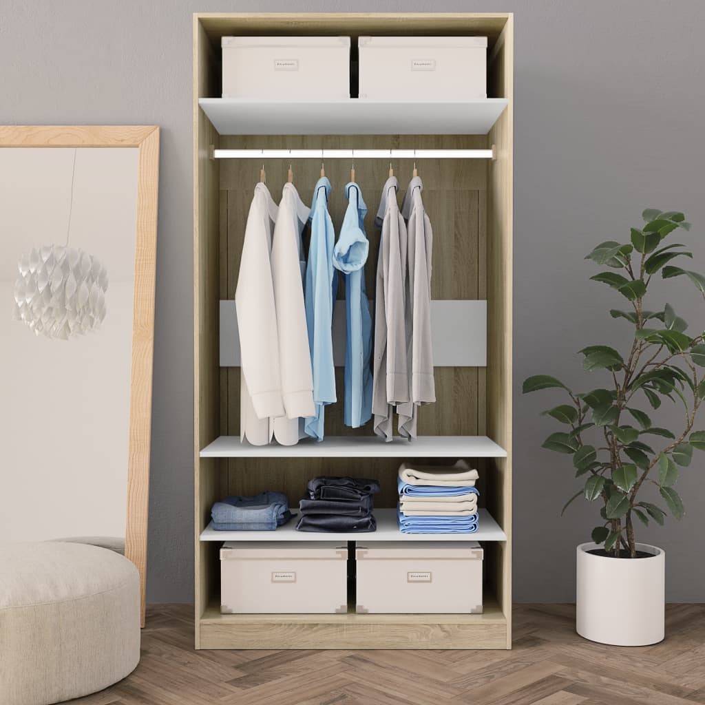 Wardrobe White and Sonoma Oak 100x50x200 cm Chipboard